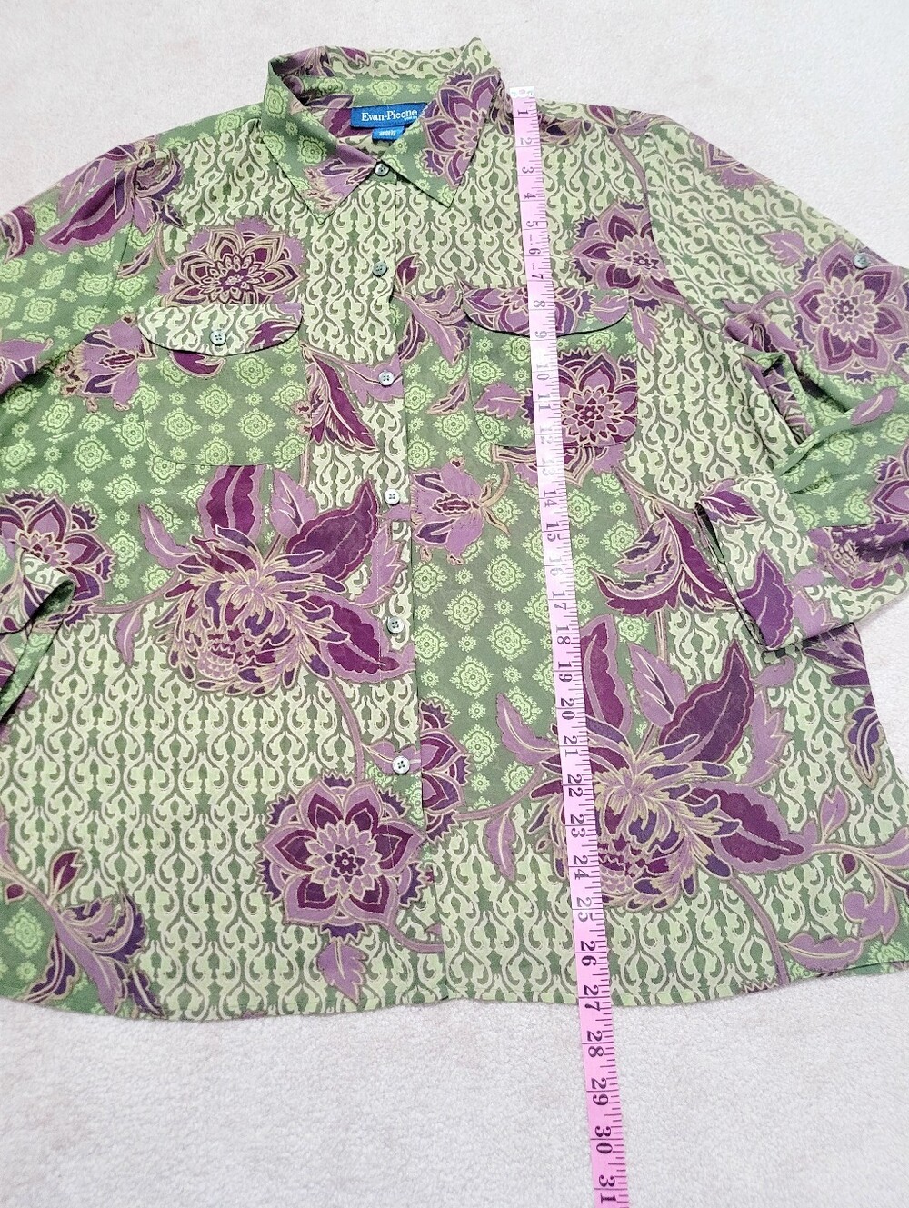 Evan-Picone Woman Size1X Floral Button Front Blouse Green Purple Boho Career Top - Picture 9 of 12